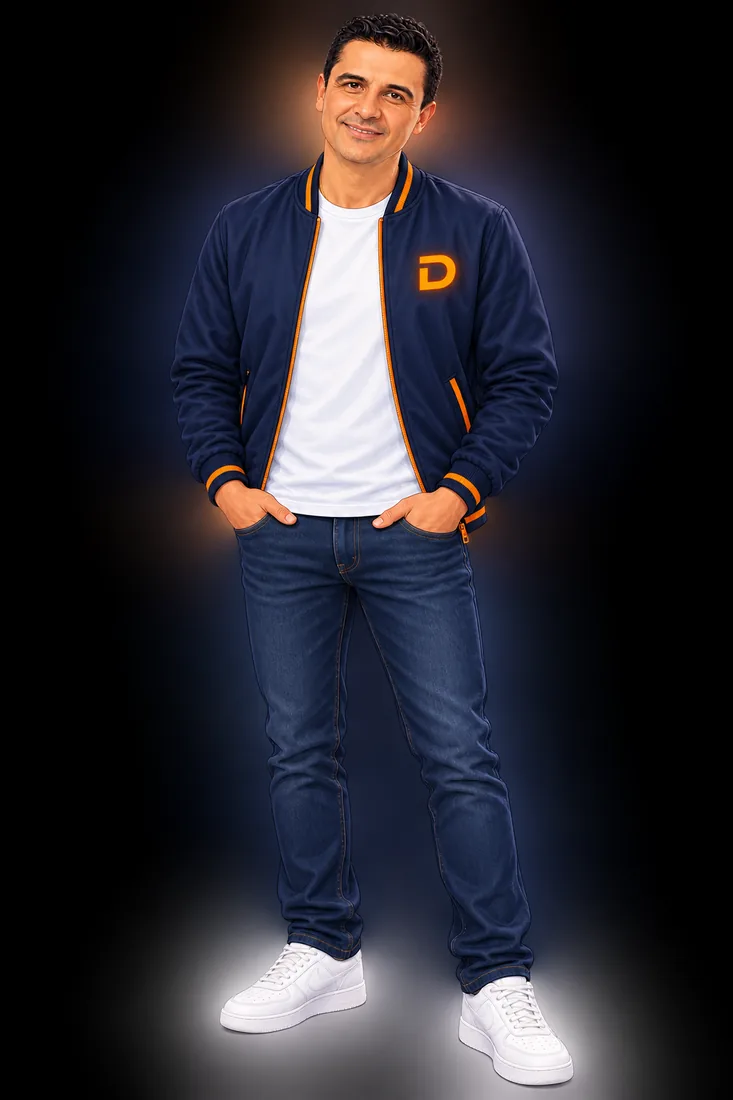Andrés Valencia con su chaqueta azul y el logo D en naranja neón