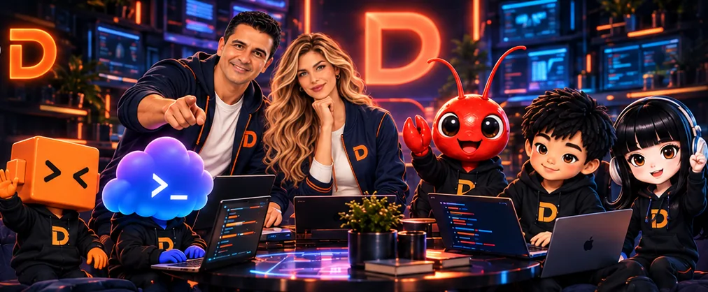 Andrés, Lucía y las mascotas del equipo trabajando juntos con sus computadores